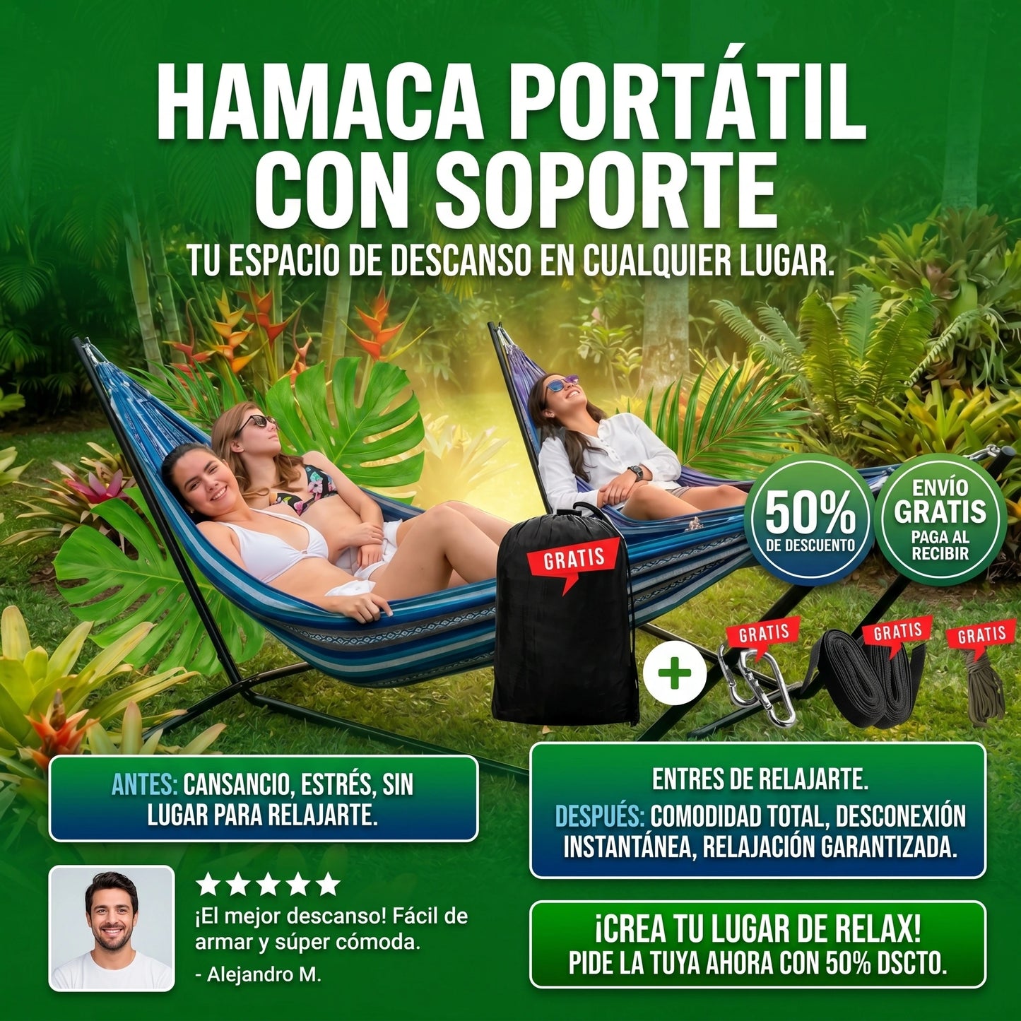 Hamaca Colombiana Portatil + Soporte Metálico - Capacidad 200kg + OBSEQUIOS