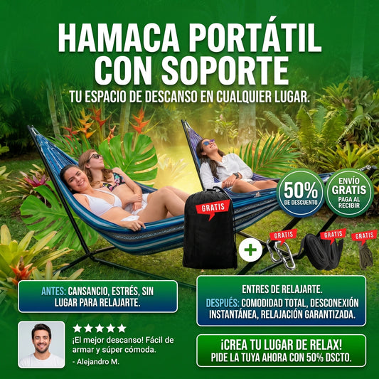 Hamaca Colombiana Portatil + Soporte Metálico - Capacidad 200kg + OBSEQUIOS